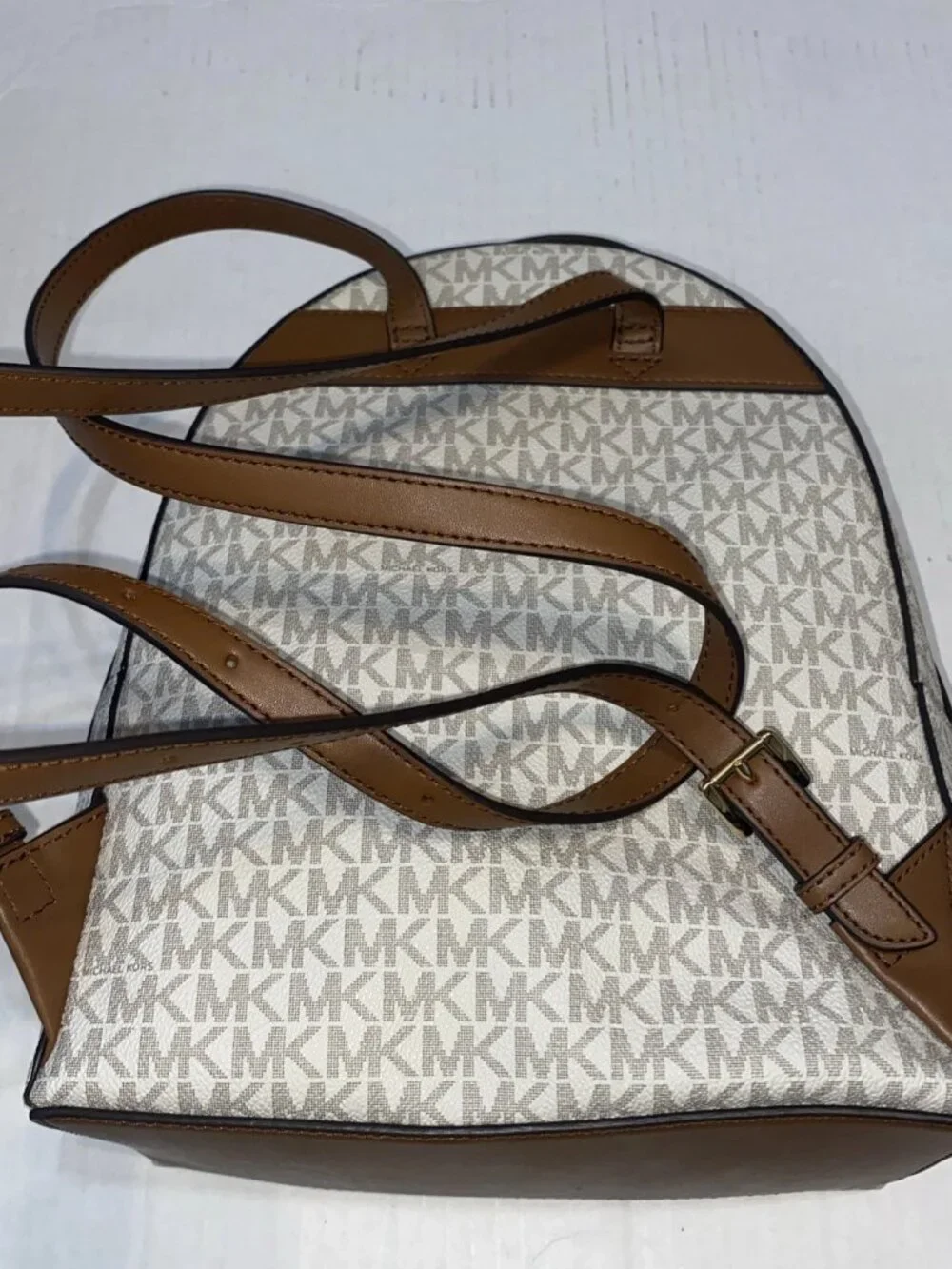 Michael Kors Beige/Brown MK Monogram Logo Backpack Zip Gold Hardware NWT